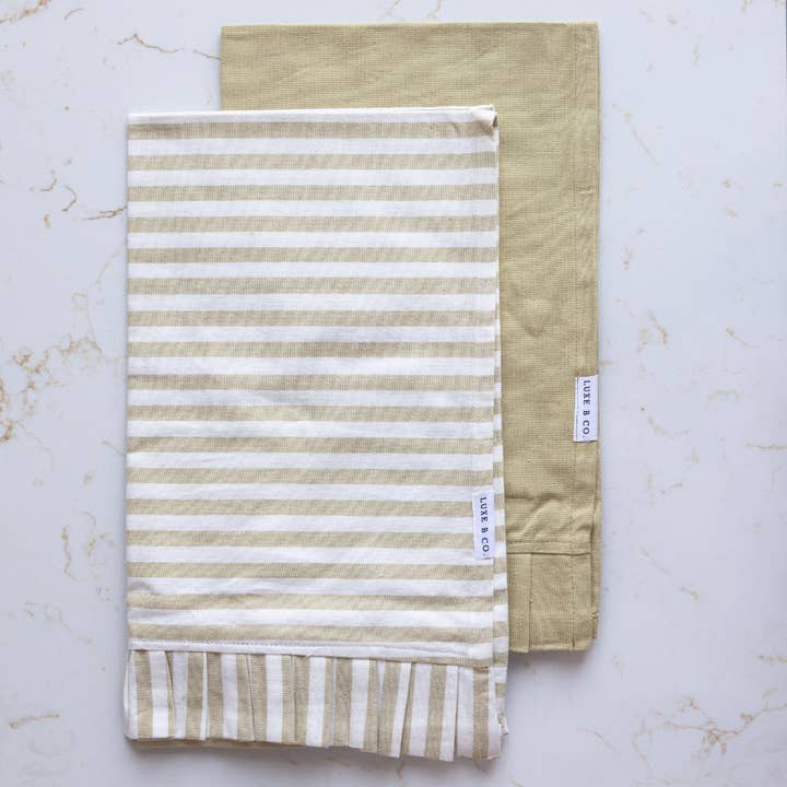 Spring Sage Green & White Stripes Ruffle Kitchen Dish Towel for wholesale by Luxe B Co