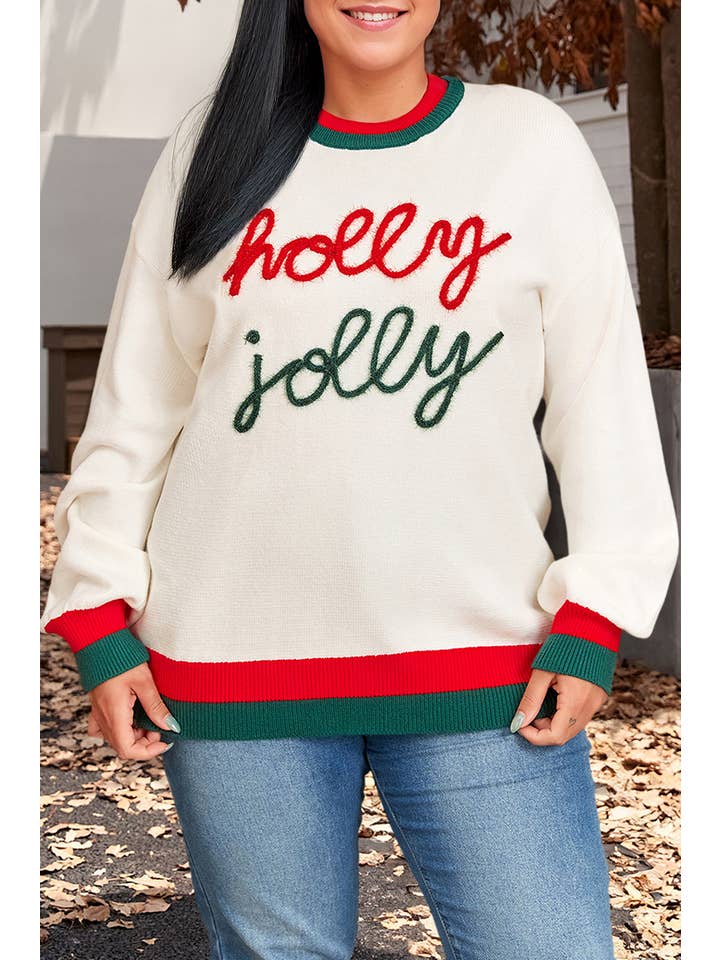 White Tinsel holly jolly Pattern Plus Size Long Sleeve Sweater for wholesale on Faire