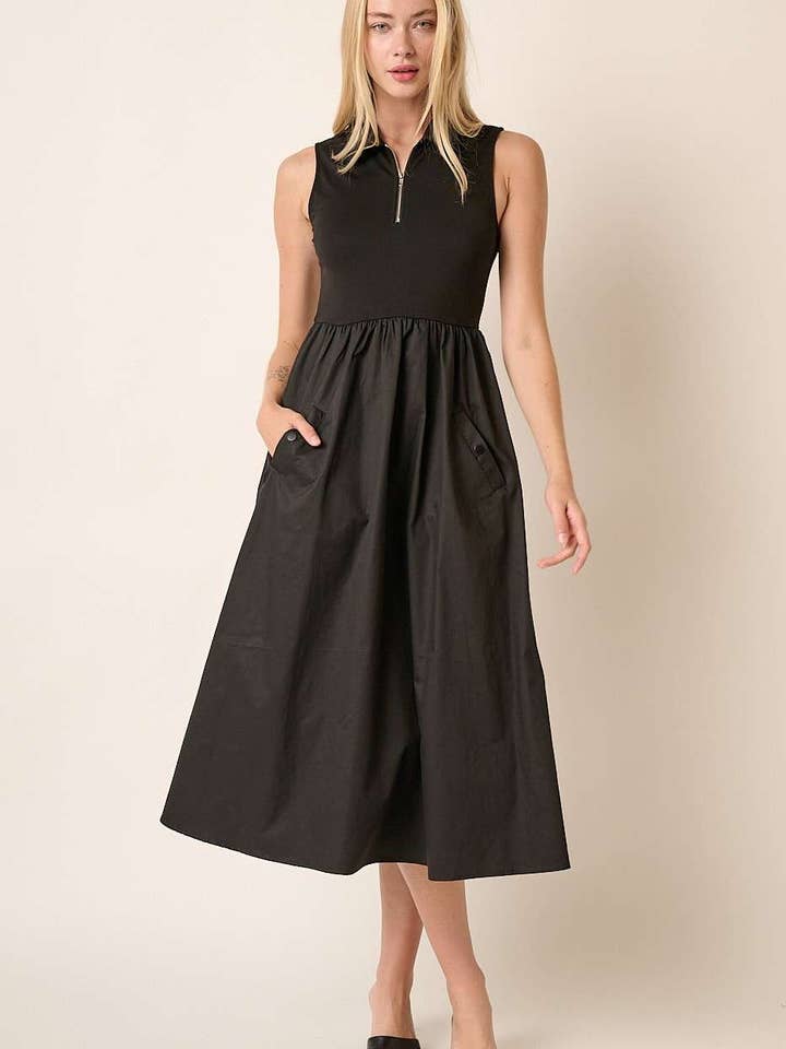 mittoshop - Wholesale Dress - Women's - MIX MEDIA ZIPPER COLLAR SLEEVELESS MIDI DRESS