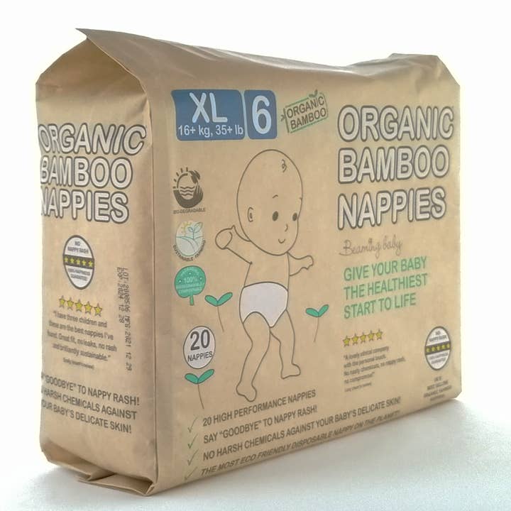 Couches XL en bambou biologique - 16+ kg, 20 pièces/sac (taille 6) pour la vente par Beaming Baby