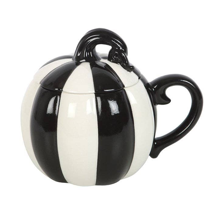Something Different Wholesale – wholesale Coffee mug – Black and White Striped Lidded Halloween Pumpkin Mug4