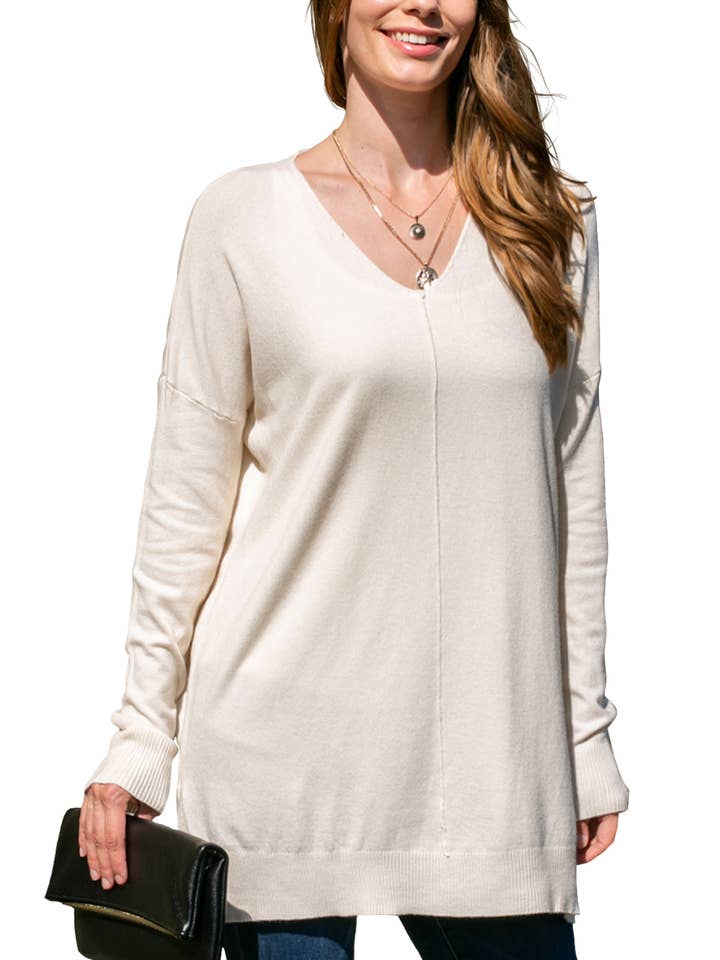 NINEXIS - Wholesale Tunic Sweater - Women's - CWOSWL1826_V NECK LOOSE FIT TUNIC LENGTH SOFT SWEATER TOP