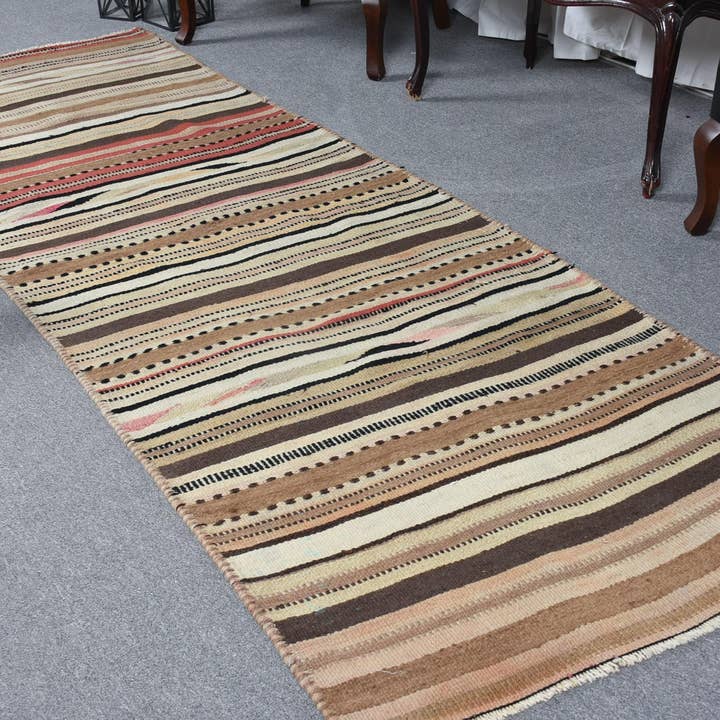 Vintage 3.2x9.2 ft Runner Rug, Turkish Rug, Herki Brown Moroccan Rug for wholesale by Vintage Rugs Loom