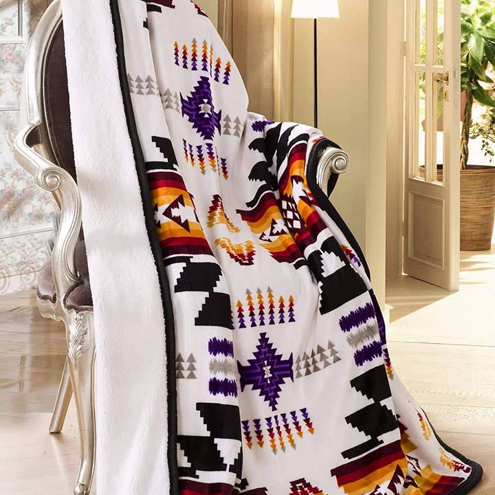 Linen Mart - Wholesale Throw Blanket - Southwestern Aztec Sherpa Borrego Fleece Throw Blanket