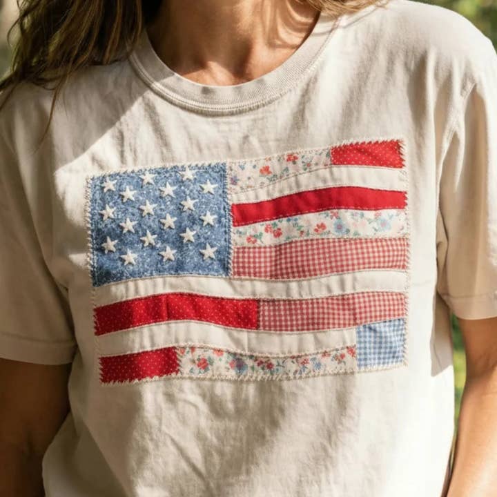 American Flag Faux Texture Patchwork Comfort Colors Tee for wholesale by MELODY FAYE