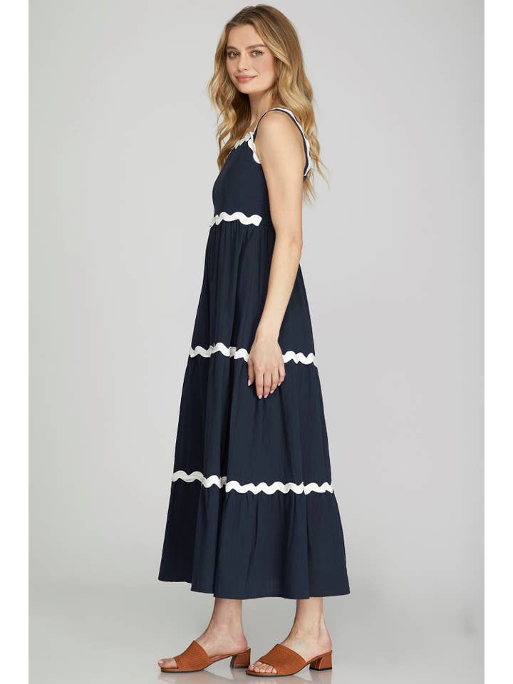 Vanilla Monkey - Wholesale Dress - Women's - Contrast Ric Rac Trim Tiered Midi Dress