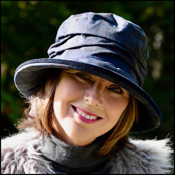 Bonnie Waxed Waterproof Rain Hat in Navy Blue Tartan for wholesale by Peak & Brim Hats