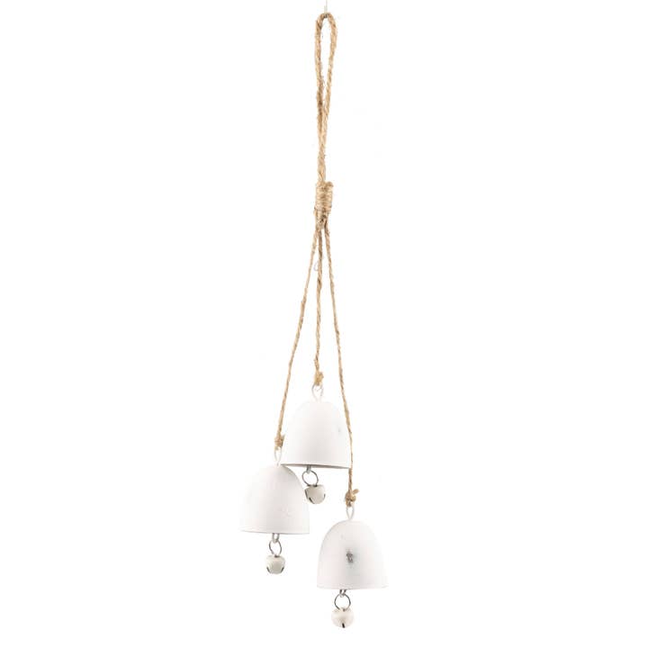 A42034: Metal trio bell orn,ant wht cloche,nat cord,14.5in for wholesale by Silver Tree Home & Holiday