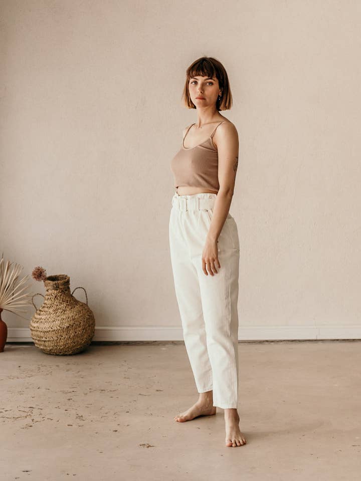 Women's Mom Paper Bag Jeans in Ecru Organic Cotton - Constance for wholesale by Nagev