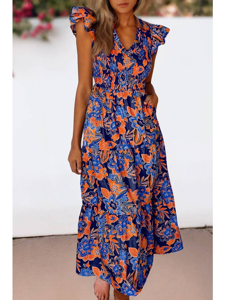 Aapparella - Wholesale Dress - Women's - Women Boho Floral V Neck Ruffle Tiered Maxi Dress | S-XL
