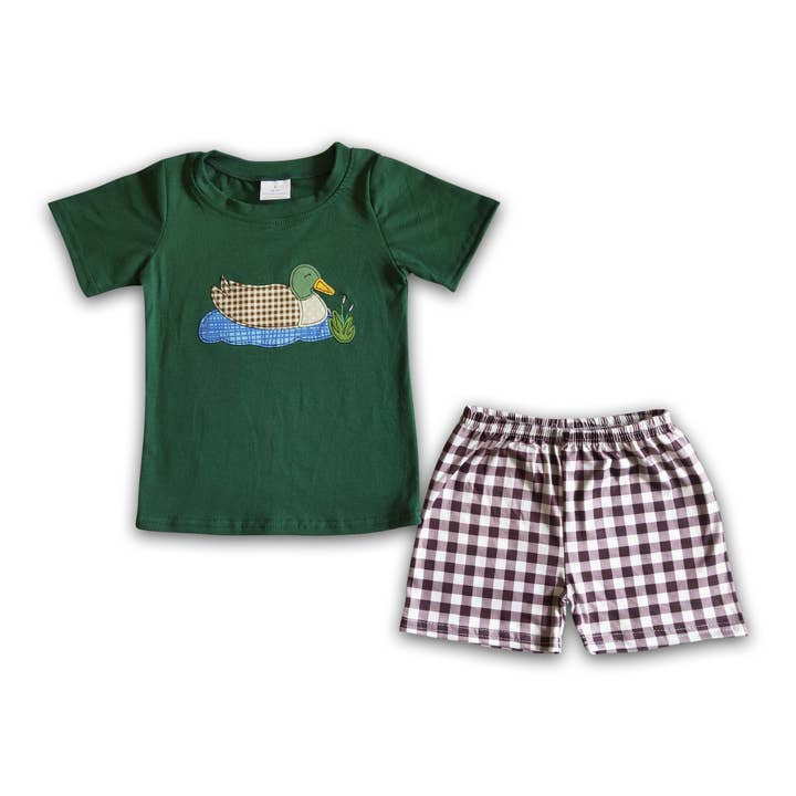 Duck embroidery cotton shirt plaid shorts boy summer clothes for wholesale by Yawoo Garments