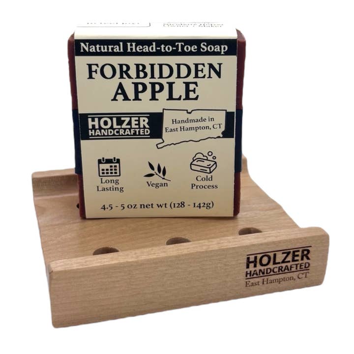 Soap + Soap Dish Gift Set - FORBIDDEN APPLE Handmade Soap Bar + Handcrafted Hardwood Soap Dish | Natural Cold Process, Vegan, 4.5 oz | Apple Rind + Cinnamon + Clove Scented Soap for wholesale by Holzer Handcrafted ®