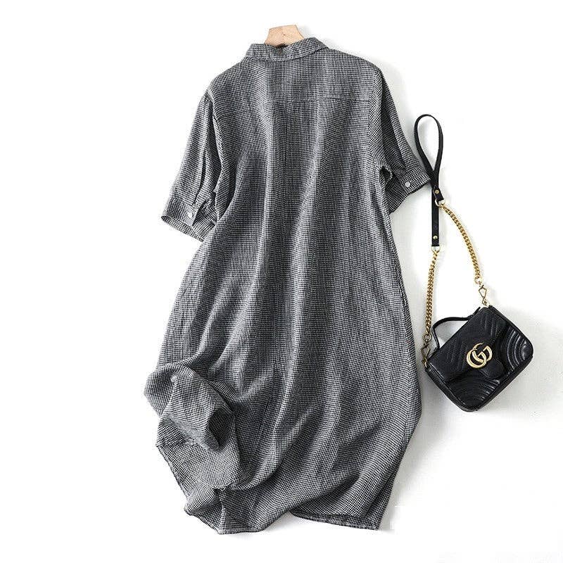 UZ Wholesale Store – wholesale Klänning - Dam – Kortärmad A-linjeformad klänning i ramie och bomull med slagkrage, casual retrostil1