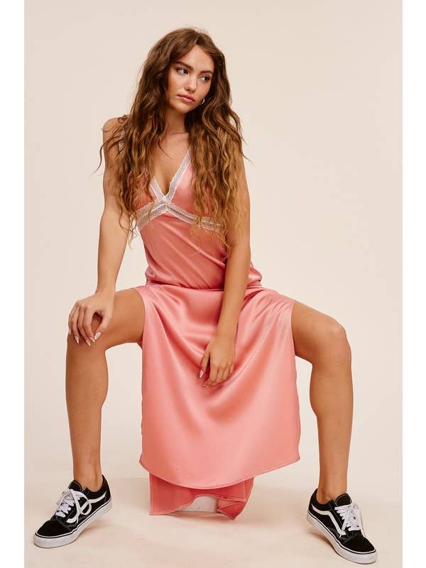 Rose Vintage Satin Lace Maxi Dress with Side Slits for wholesale on Faire