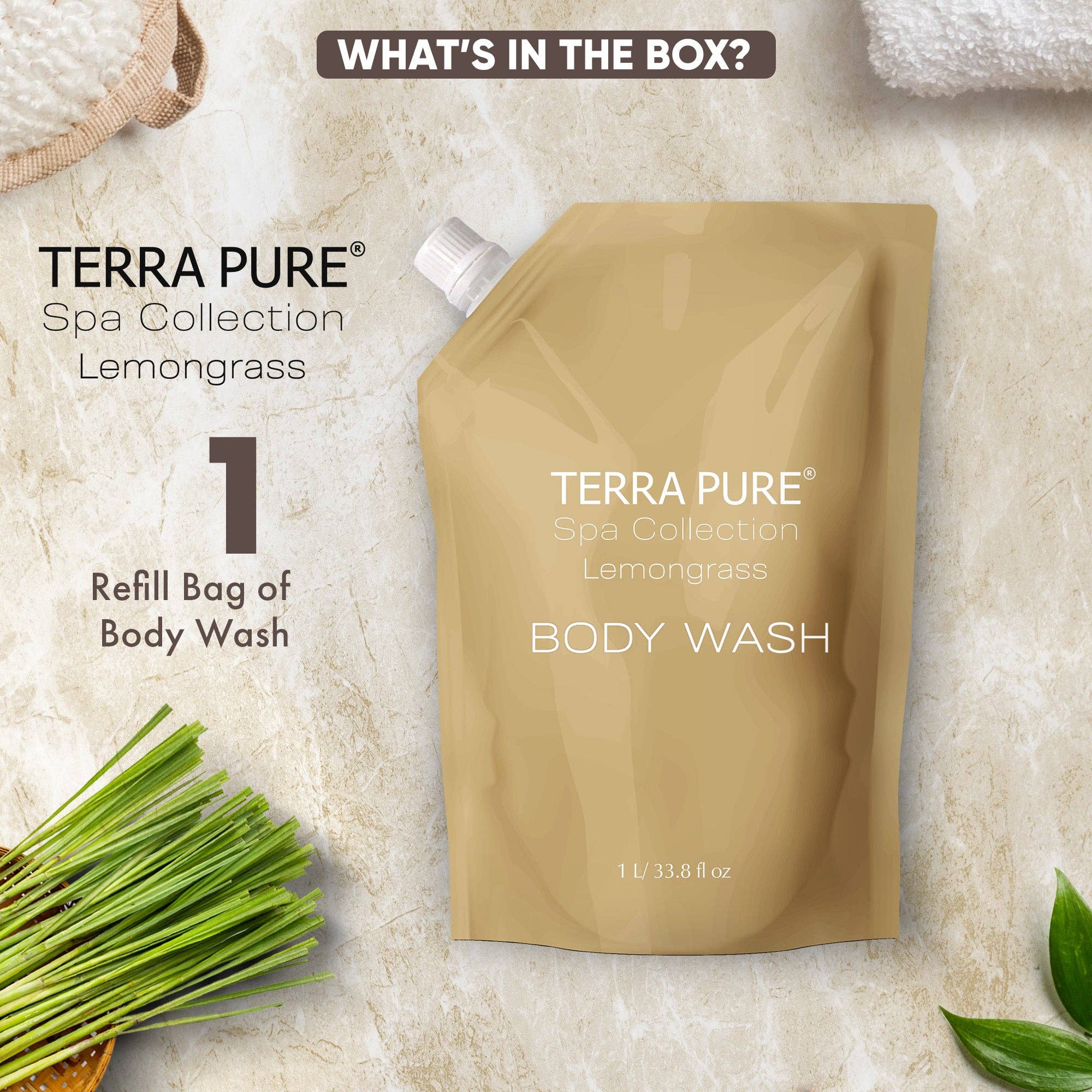 Diversified Hospitality Solutions - Wholesale Body Wash/Shower Gel - Terra Pure Spa Collection 1 Liter Body Wash Refill Bag For Soap Dispensers | Bulk Toiletries for Vacation Rentals, and Home Bathroom Showers | Green Tea Lemongrass | Single4