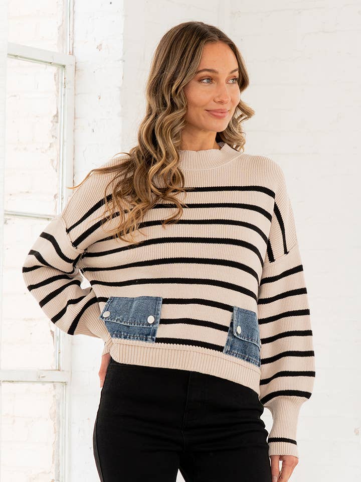Striped Mock Neck w/ Denim Patch Ballon Sleeve Sweater for wholesale by Sew In Love