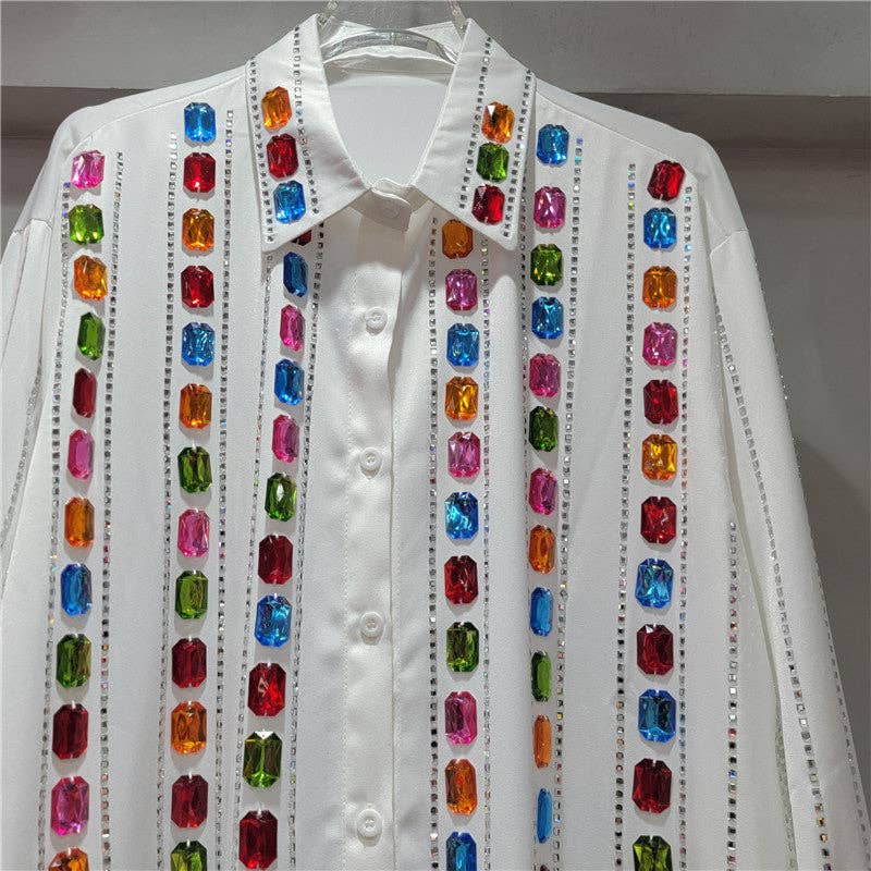 Sanyao Fashion - Wholesale Overhemd met knopen - Dames - M244 Glam Gestreepte Rhinestone Blouse met Handgemaakte Glans8