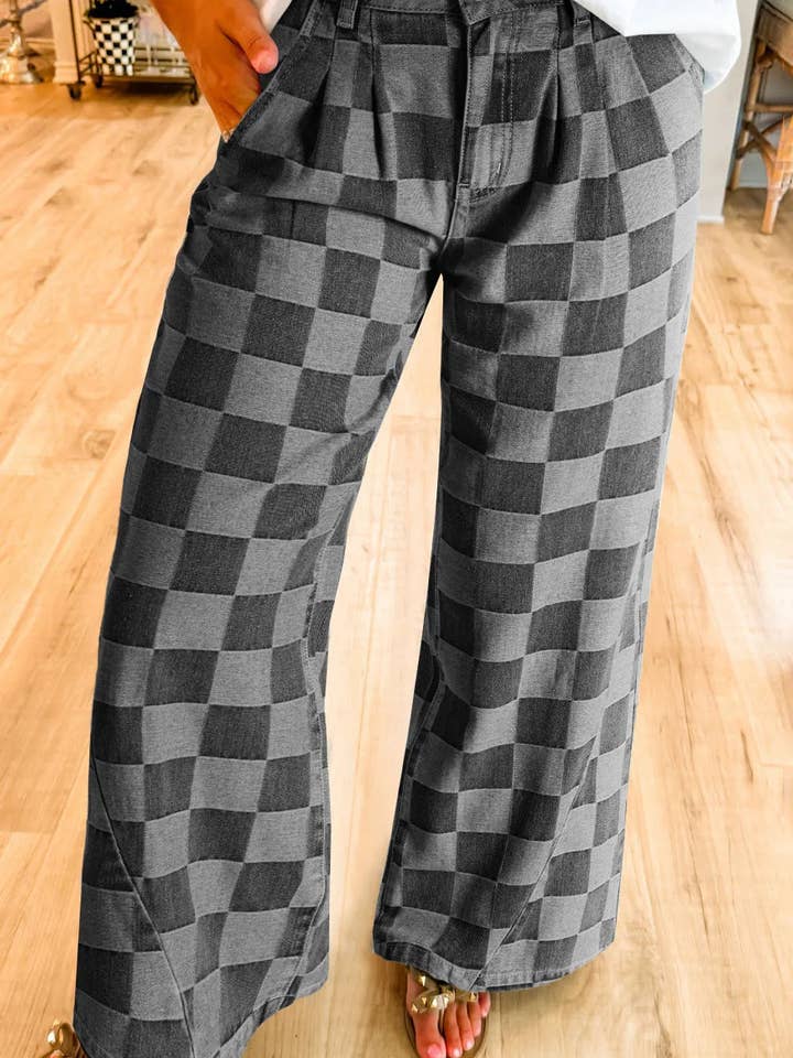 Checkered Wide Leg Jeans with Pockets for wholesale by Beyond Apparel
