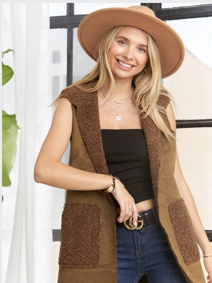 LEJ3664_82233_ - FAUX SUEDE HOODIE VEST for wholesale by Madelyn