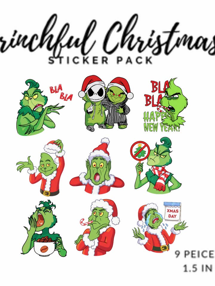 Adesivi Grinch, natalizi, impermeabili, confezione da 9 per la vendita all'ingrosso da parte di Crazilyhumbledesigns