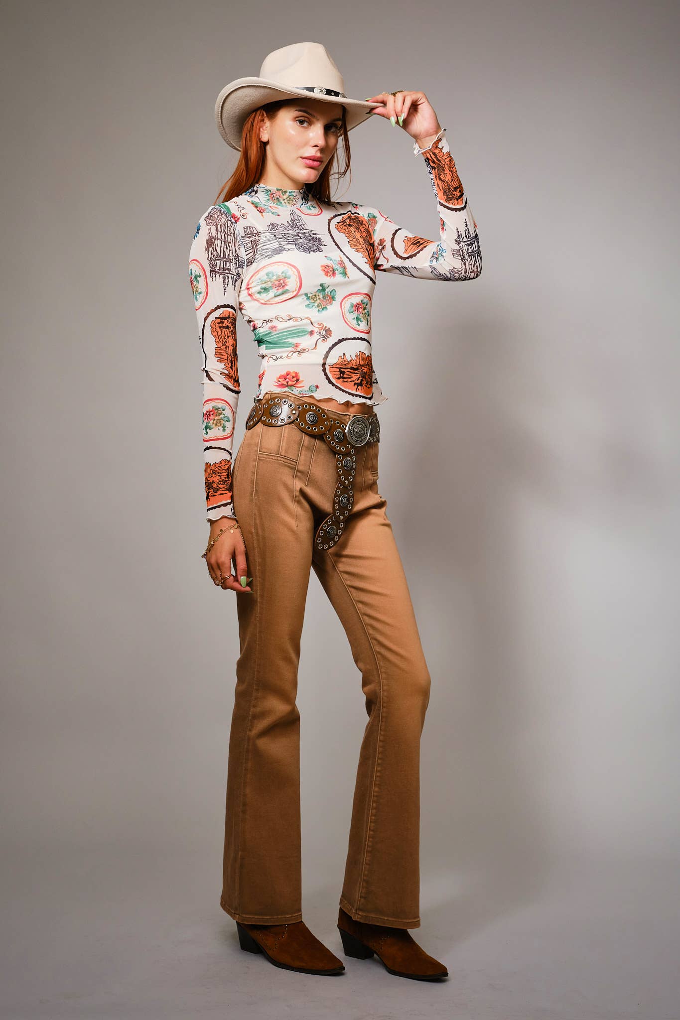 MULTI 33147T Western Motif Mesh Mock Neck Top for wholesale on Faire9