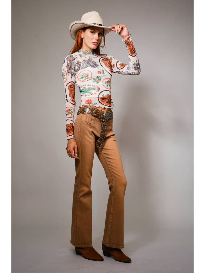 MULTI 33147T Western Motif Mesh Mock Neck Top for wholesale on Faire9