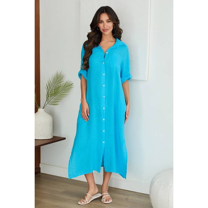SHORT SLEEVE BUTTON DOWN LINEN LONG DRESS (5-42-SOLID) for wholesale by VENTI6