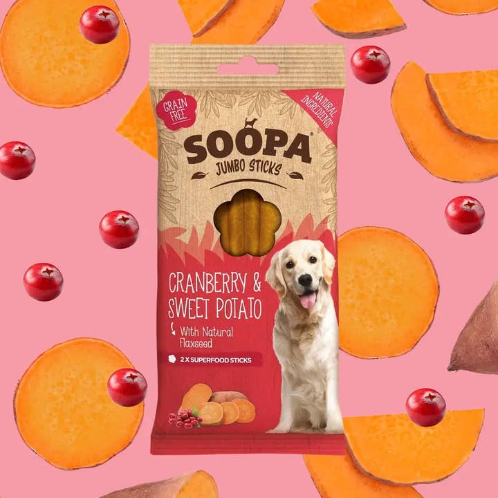 Cranberry & Sweet Potato Jumbo Dog Dental Sticks for wholesale by Soopa UK