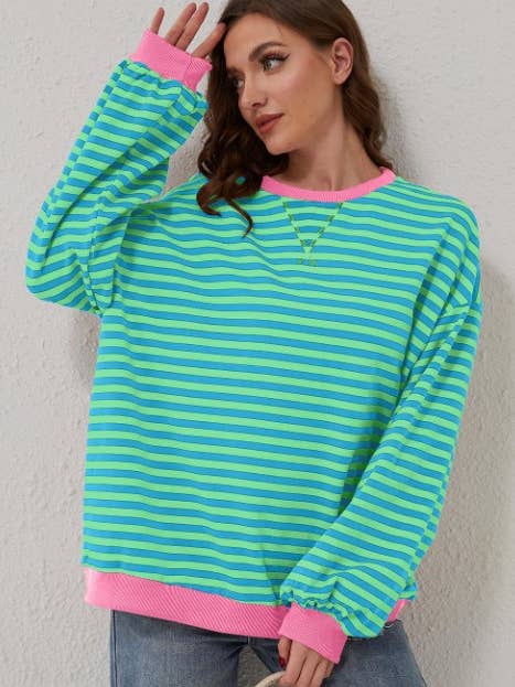 Lovesoft - Wholesale Sweatshirt - Women's - Trendy Oversized Striped Sweatshirt with Bold Trim3