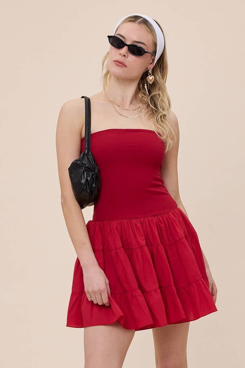 Sky to Moon - Wholesale Dress - Women's - SOLID COLOR DROP-WAIST TIERED TUBE MINI DRESS23