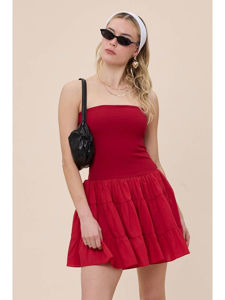 Sky to Moon - Wholesale Dress - Women's - SOLID COLOR DROP-WAIST TIERED TUBE MINI DRESS23