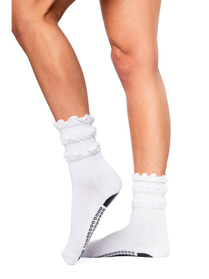 White Triple Ruffle Crew Grip Sock for wholesale on Faire1