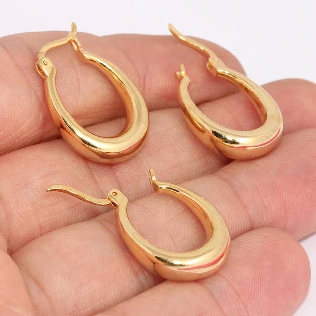 17x32mm 24k Shiny Gold Hoop Earrings, Oval Hoops, XP301 for wholesale by QueenJewelryM