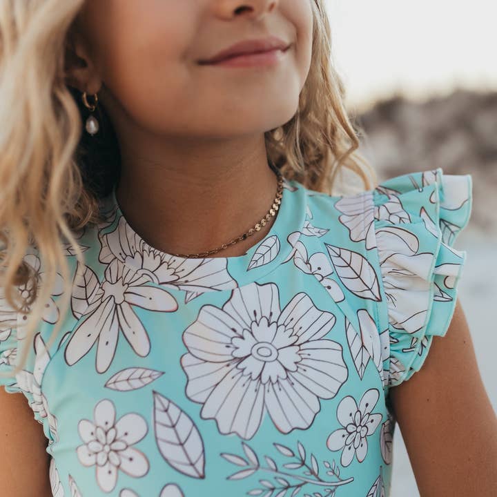Oopsie Daisy - Wholesale One Piece Swimsuit - Kids - Kids Mint Floral Open Back One Piece Ruffle Swimsuit