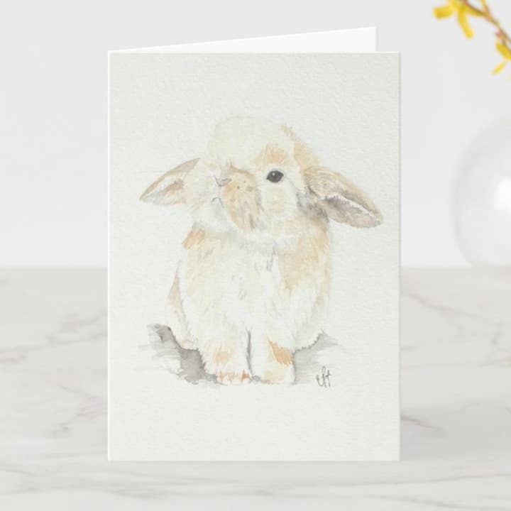 Biglietto di auguri dipinto a mano, coniglietto, cancelleria primaverile per la vendita all'ingrosso da parte di Liz Pope Designs