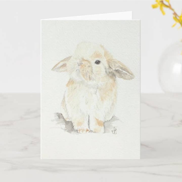 Hand painted greeting card, Bunny, spring stationary for wholesale by Liz Pope Designs