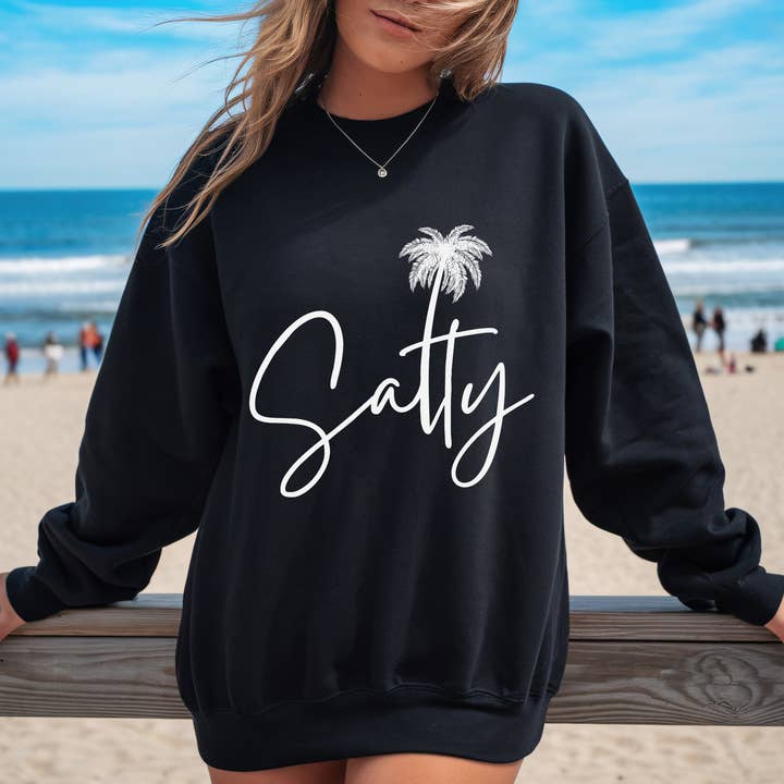 Trendznmore - Modern Graphic Apparel - Wholesale Graphic Sweatshirt - Women's - White Salty Beach Crewneck Sweatshirt - Summer Beach Sweater