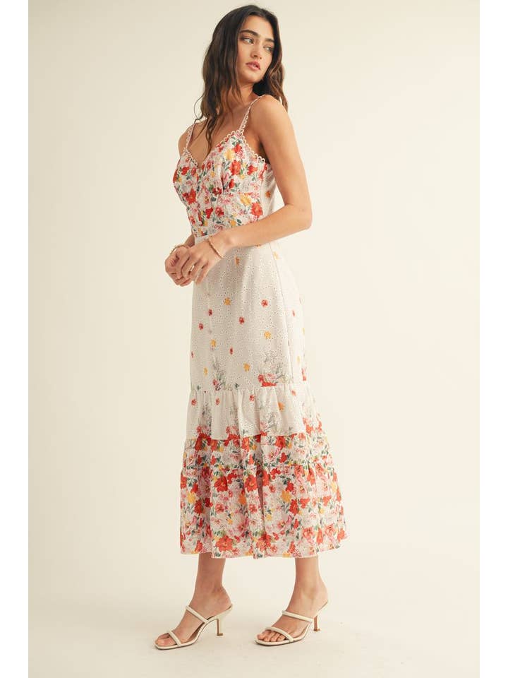 Pink Multi EYELET DETAILED FLORAL BORDER PRINT MIDI DRESS for wholesale on Faire