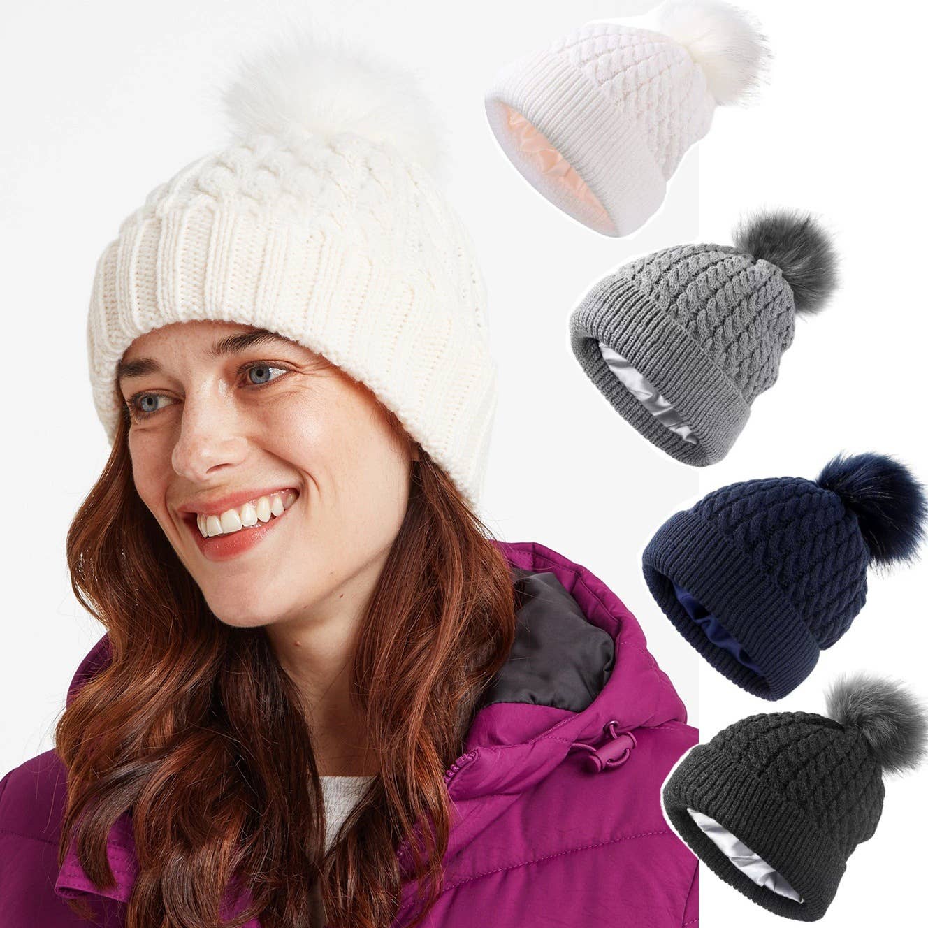 MKS America - Wholesale Beanie - Women's - Twist satin-lined removable pom-pom beanie3