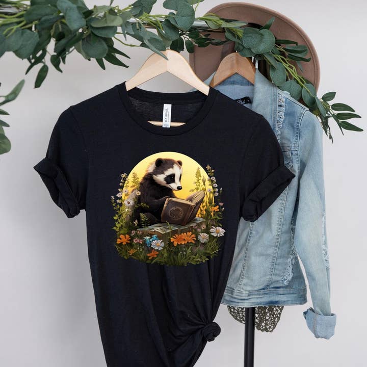 Vivtrek - Wholesale Screen Printed T-Shirt - Women's - Badger Reading Book Cottagecore Wildflower Library T-Shirt