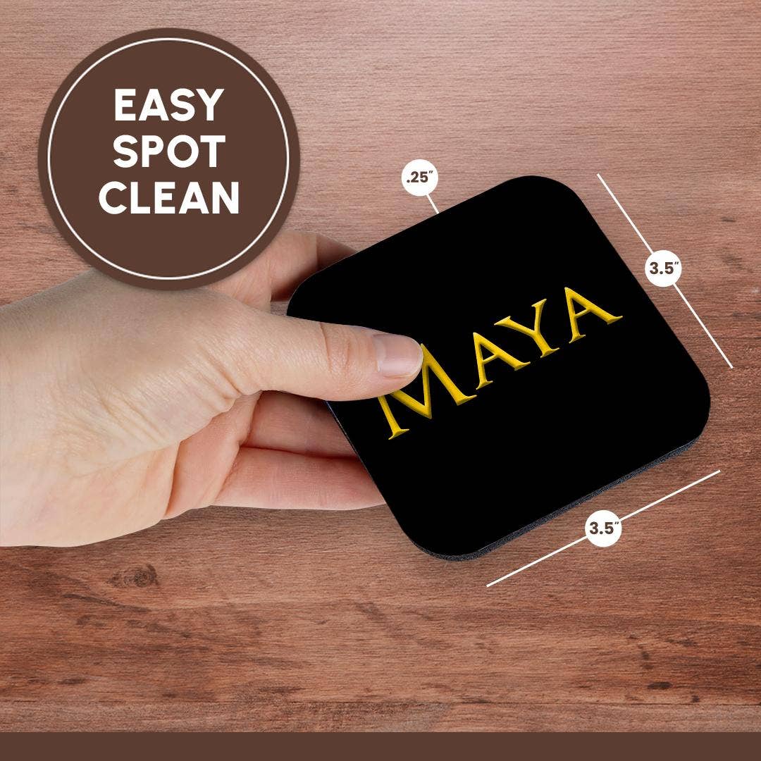3dRose - Wholesale Coasters - 3dRose, Maya common woman name in the America. Yellow on black charm gift, Coaster13