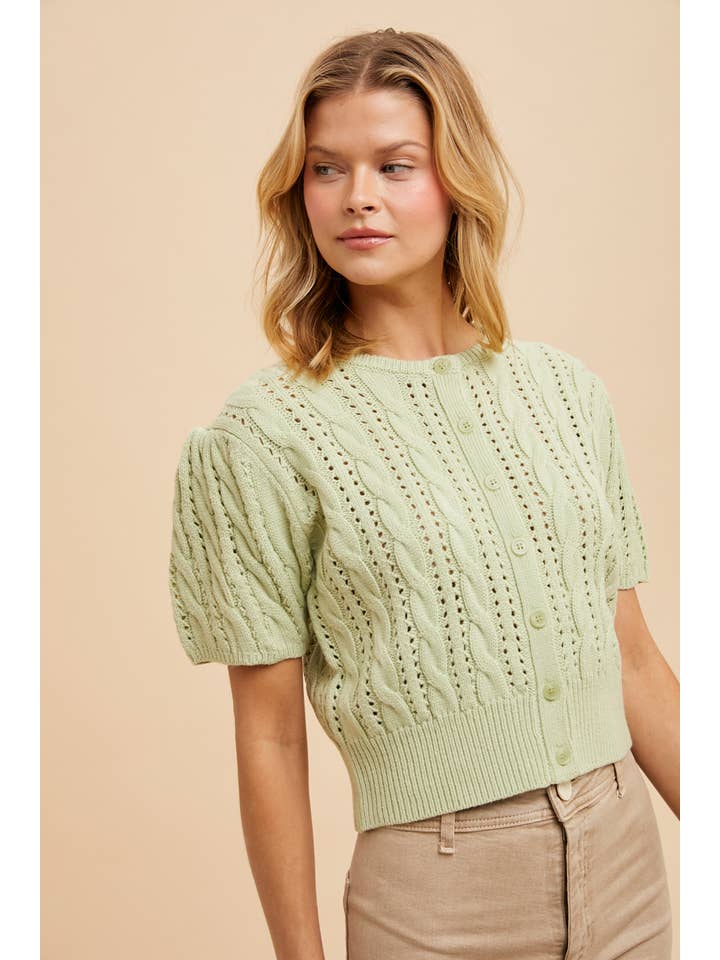 In Loom - Wholesale Cardigan - Women's - CABLE KNIT PUFF SLEEVE CARDIGAN