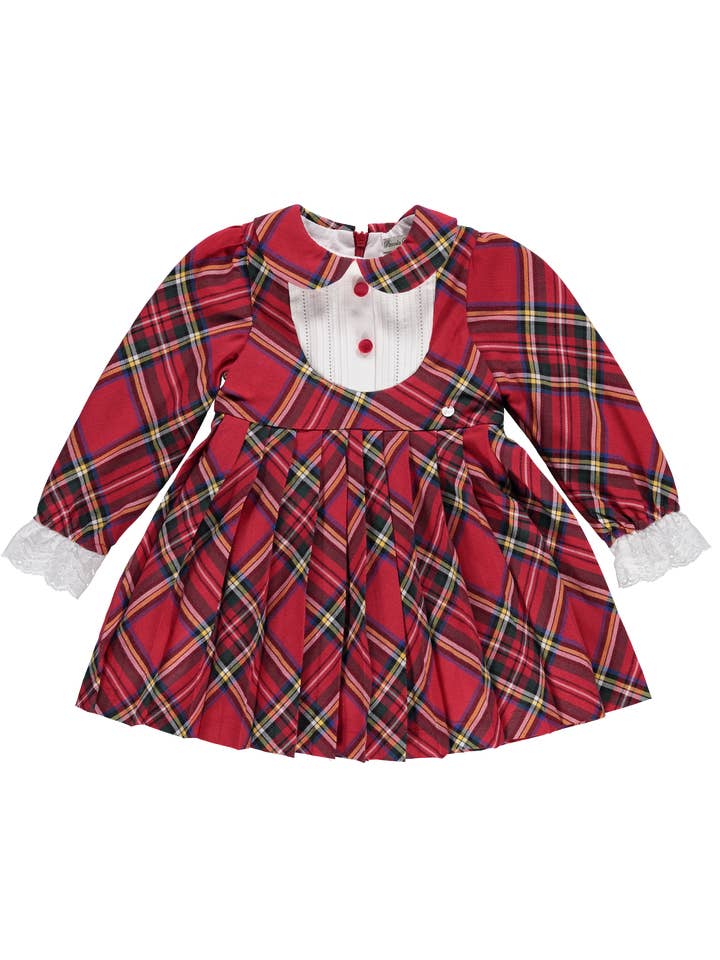 PS23W001012 Red tartan dress with lace for wholesale by Piccola Speranza
