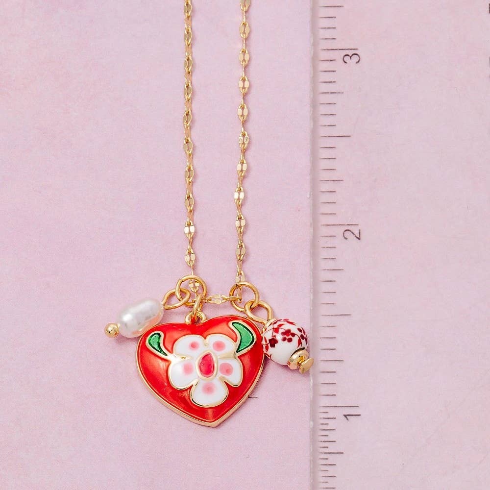 Fame Accessories - Wholesale Link & Chain Necklace - Enamel Heart And Ceramic Floral Charms Chain Necklace2