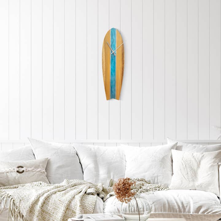 Copper Art - Wholesale Wall Clock - Surfboard Clock I (Blue/ SS and Wood)