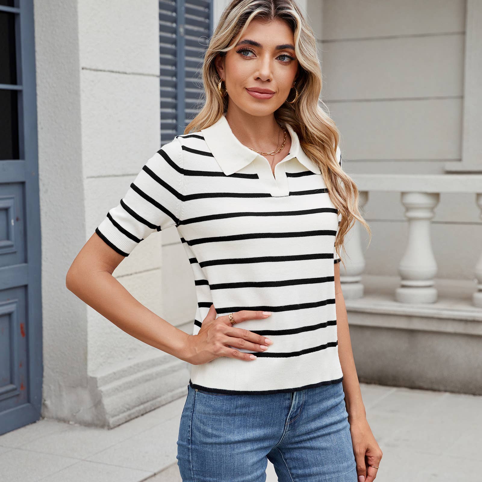 Lily Clothing - Wholesale Knit Sweater - Women's - CASUAL COLOR STRIPED SWEATER WITH LAPEL NECK11