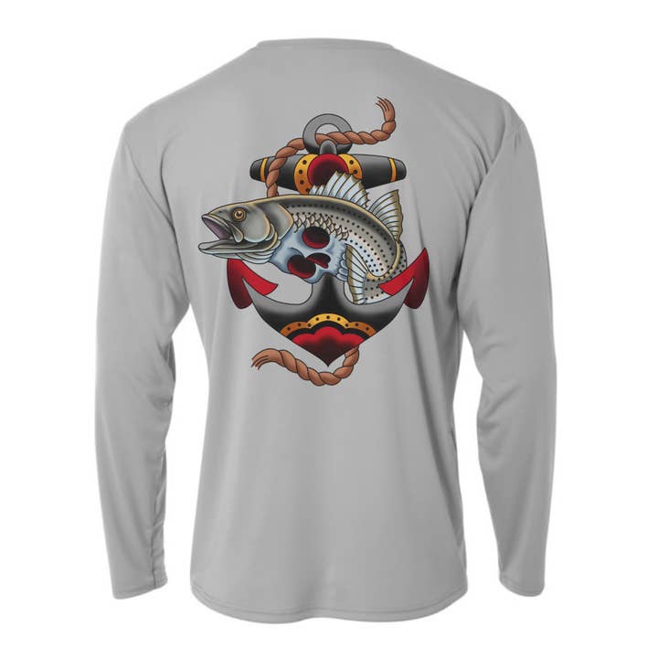 ‘TIL DEATH DO US FISH! Striped Bass UPF 50+ Performance Long Sleeve Shirt for wholesale by On The Fly Artworks