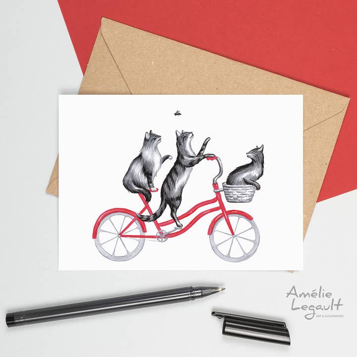 Cats riding a bike Greeting Card for wholesale by Sardines Studio