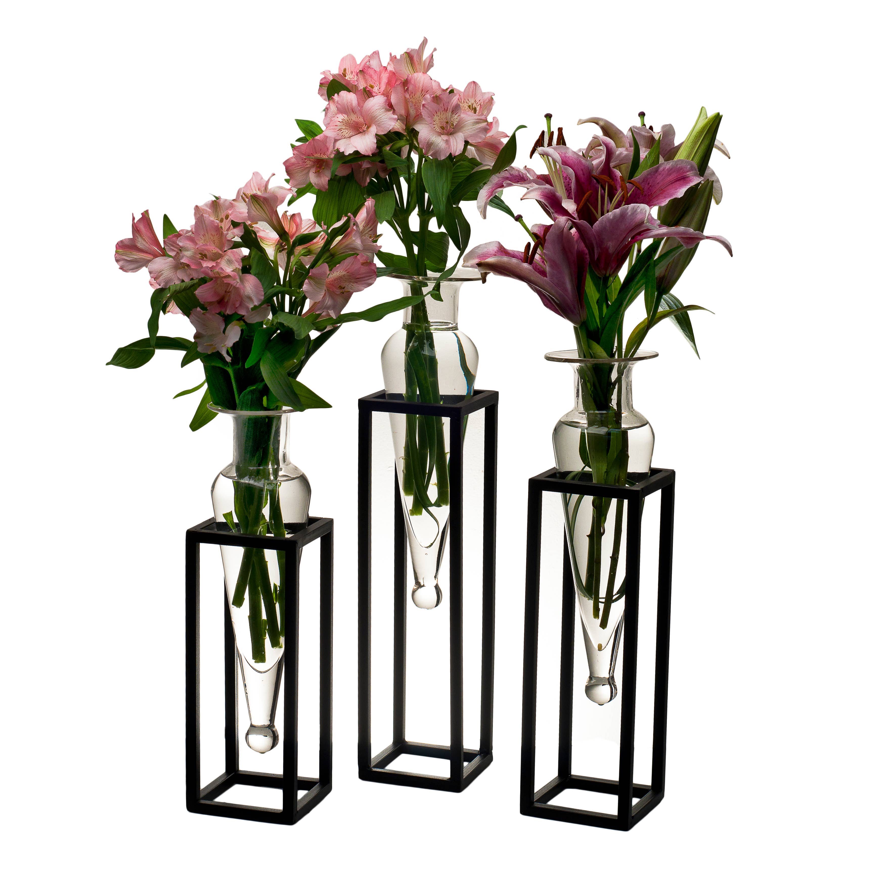 Danya B - Wholesale Vase - Danya B. Set of 3 Clear Amphorae Vases on Square Tubing Met1