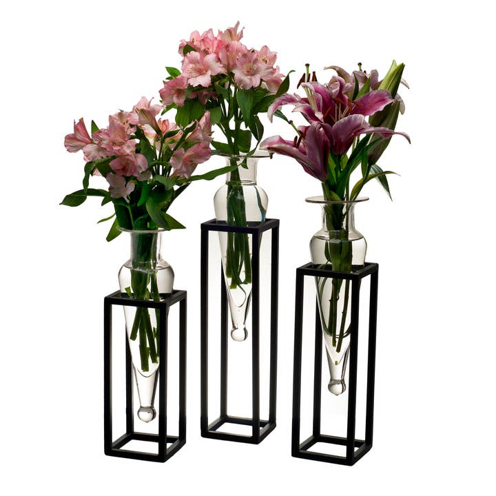 Danya B - Wholesale Vase - Danya B. Set of 3 Clear Amphorae Vases on Square Tubing Met1